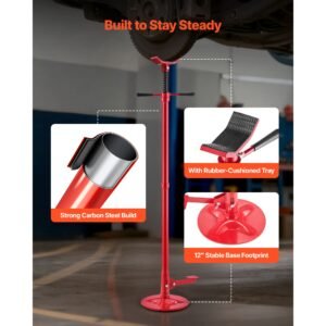 underhoist support stand, 3/4 ton (1653 lbs) capacity under hoist jack stand, lifting from 51.97" to 80", bearing mounted spin handle, foot pedal, 12" diameter base, support vehicle components