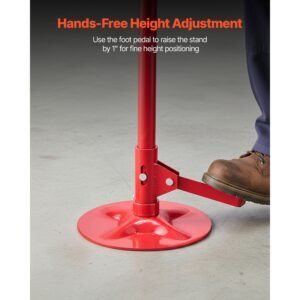 underhoist support stand, 3/4 ton (1653 lbs) capacity under hoist jack stand, lifting from 51.97" to 80", bearing mounted spin handle, foot pedal, 12" diameter base, support vehicle components