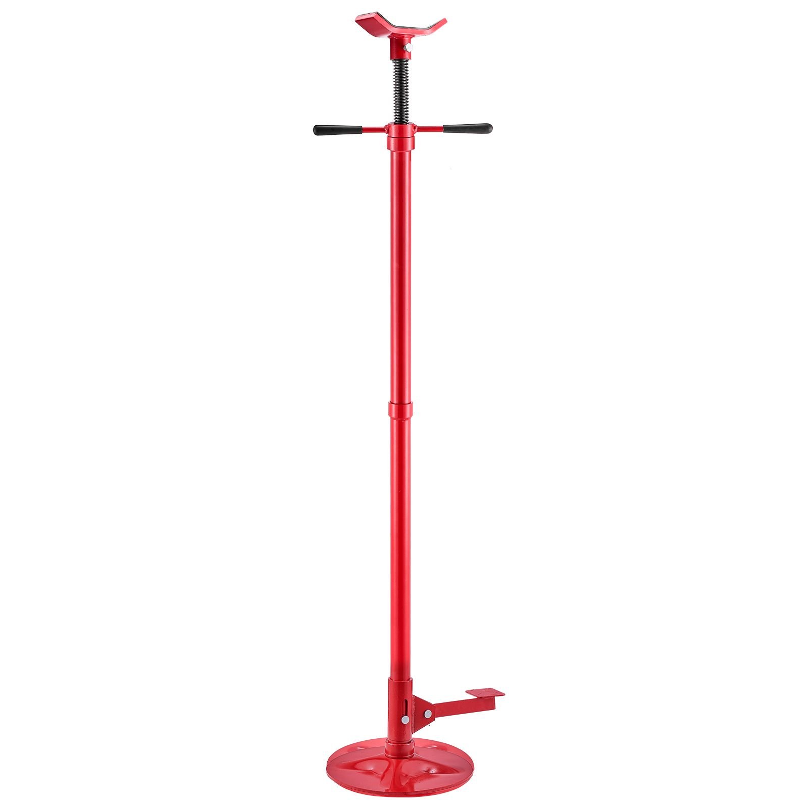 underhoist support stand, 3/4 ton (1653 lbs) capacity under hoist jack stand, lifting from 51.97" to 80", bearing mounted spin handle, foot pedal, 12" diameter base, support vehicle components