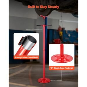 underhoist support stand, 3/4 ton (1653 lbs) capacity under hoist jack stand, lifting from 54.02" to 83.86", bearing mounted spin handle, self locking threaded screw, support vehicle components