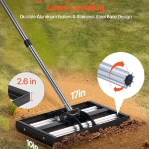 updated lawn leveling rake with roller, 17" x 10" stainless steel lawn leveler with 63.4" adjustable handle, heavy duty yard leveling rake, effort saving lawn leveling tool for yard golf court