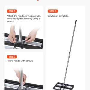 updated lawn leveling rake with roller, 17" x 10" stainless steel lawn leveler with 63.4" adjustable handle, heavy duty yard leveling rake, effort saving lawn leveling tool for yard golf court