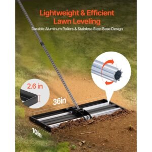 updated lawn leveling rake with roller, 36" x 10" stainless steel lawn leveler with 83.9" adjustable handle, heavy duty yard leveling rake, effort saving lawn leveling tool for yard golf court