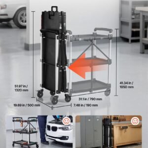 utility cart, 300 lbs capacity, 3 tier folding service cart with 360° swivel wheels (2 with brakes), heavy duty rolling with trays & side tool holder, tool storage for garage warehouse workshop