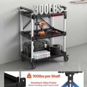 utility cart, 300 lbs capacity, 3 tier folding service cart with 360° swivel wheels (2 with brakes), heavy duty rolling with trays & side tool holder, tool storage for garage warehouse workshop