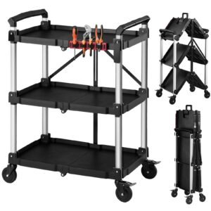 Utility Cart, 300 lbs Capacity, 3 Tier Folding Service Cart with 360° Swivel Wheels (2 with Brakes), Heavy Duty Rolling with Trays & Side Tool Holder, Tool Storage for Garage Warehouse Workshop