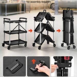 utility cart, 300 lbs capacity, 3 tier folding service cart with 360° swivel wheels (2 with brakes), heavy duty rolling with trays & side tool holder, tool storage for garage warehouse workshop