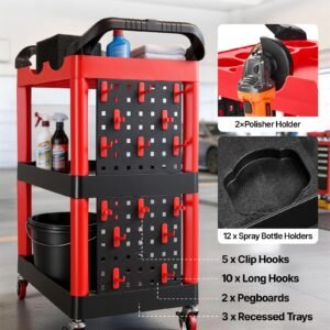 utility cart, 300 lbs capacity, 3 tier service cart with 360° swivel wheels (2 with brakes), heavy duty plastic rolling with trays and pegboards, tool storage for garage, warehouse & repair shop