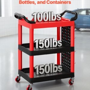 utility cart, 300 lbs capacity, 3 tier service cart with 360° swivel wheels (2 with brakes), heavy duty plastic rolling with trays and pegboards, tool storage for garage, warehouse & repair shop