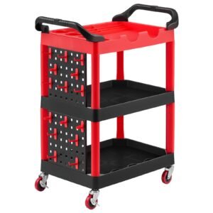 Utility Cart, 300 lbs Capacity, 3 Tier Service Cart with 360° Swivel Wheels (2 with Brakes), Heavy Duty Plastic Rolling with Trays and Pegboards, Tool Storage for Garage, Warehouse & Repair Shop