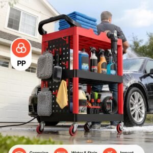 utility cart, 300 lbs capacity, 3 tier service cart with 360° swivel wheels (2 with brakes), heavy duty plastic rolling with trays and pegboards, tool storage for garage, warehouse & repair shop
