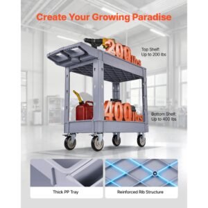 utility cart, 550 lbs capacity, 2 tier service cart with 360° swivel & fixed wheels (2 with brakes), heavy duty plastic rolling with storage tray, tool storage for garage warehouse workshop