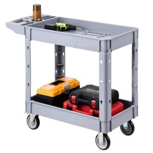 Utility Cart, 550 lbs Capacity, 2 Tier Service Cart with 360° Swivel & Fixed Wheels (2 with Brakes), Heavy Duty Plastic Rolling with Storage Tray, Tool Storage for Garage Warehouse Workshop