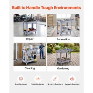 utility cart, 550 lbs capacity, 2 tier service cart with 360° swivel & fixed wheels (2 with brakes), heavy duty plastic rolling with storage tray, tool storage for garage warehouse workshop