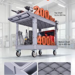 utility cart, 550 lbs capacity, 2 tier service cart with 360° swivel & fixed wheels (2 with brakes), heavy duty plastic rolling with storage tray, tool storage for garage warehouse workshop gray