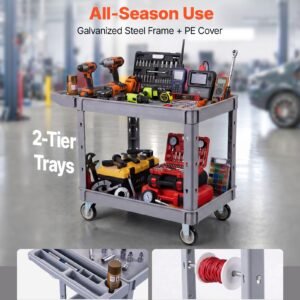 utility cart, 550 lbs capacity, 2 tier service cart with 360° swivel & fixed wheels (2 with brakes), heavy duty plastic rolling with storage tray, tool storage for garage warehouse workshop gray