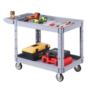 Utility Cart, 550 lbs Capacity, 2 Tier Service Cart with 360° Swivel & Fixed Wheels (2 with Brakes), Heavy Duty Plastic Rolling with Storage Tray, Tool Storage for Garage Warehouse Workshop Gray