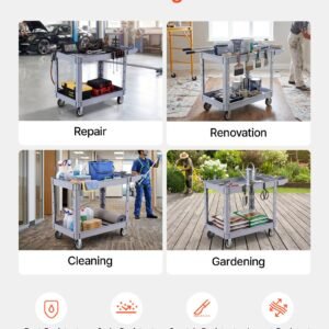 utility cart, 550 lbs capacity, 2 tier service cart with 360° swivel & fixed wheels (2 with brakes), heavy duty plastic rolling with storage tray, tool storage for garage warehouse workshop gray
