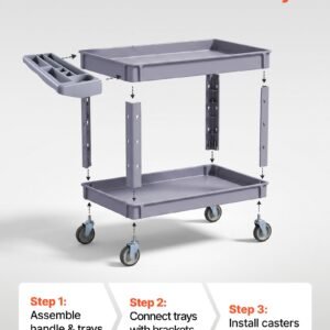utility cart, 550 lbs capacity, 2 tier service cart with 360° swivel & fixed wheels (2 with brakes), heavy duty plastic rolling with storage tray, tool storage for garage warehouse workshop gray