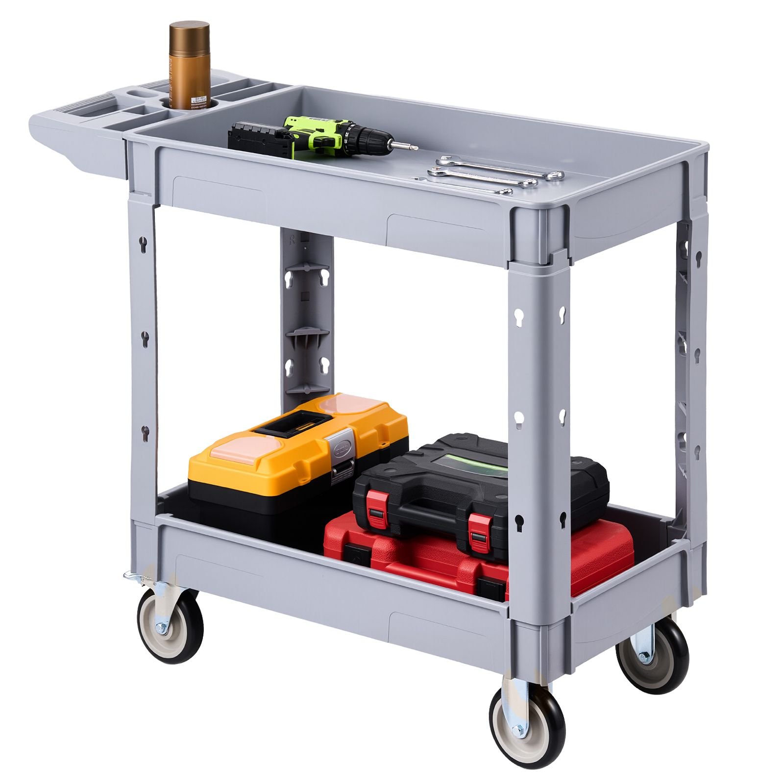 utility cart, 550 lbs capacity, 2 tier service cart with 360° swivel & fixed wheels (2 with brakes), heavy duty plastic rolling with storage tray, tool storage for garage warehouse workshop