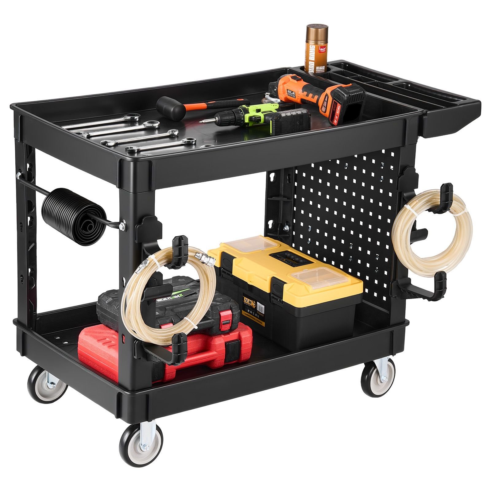 utility cart, 550 lbs capacity, 2 tier service cart with 360° swivel & fixed wheels (2 with brakes), heavy duty plastic rolling with tray and pegboard, tool storage for garage warehouse, black