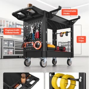 utility cart, 550 lbs capacity, 2 tier service cart with 360° swivel & fixed wheels (2 with brakes), heavy duty plastic rolling with tray and pegboard, tool storage for garage warehouse workshop
