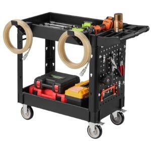 Utility Cart, 550 lbs Capacity, 2 Tier Service Cart with 360° Swivel & Fixed Wheels (2 with Brakes), Heavy Duty Plastic Rolling with Tray and Pegboard, Tool Storage for Garage Warehouse Workshop