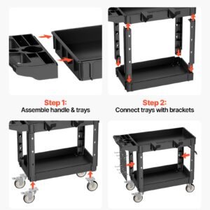 utility cart, 550 lbs capacity, 2 tier service cart with 360° swivel & fixed wheels (2 with brakes), heavy duty plastic rolling with tray and pegboard, tool storage for garage warehouse workshop