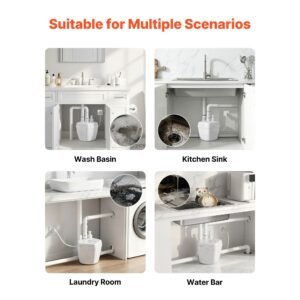 utility sink pump, 1 hp, 2200 gph under sink pump with 3 water inlets 1 outlet, 36 ft max lift, cast aluminum motor, macerating toilet system, for sink shower wash bin urinal kitchen basement