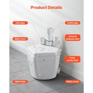 utility sink pump, 1 hp, 2200 gph under sink pump with 3 water inlets 1 outlet, 36 ft max lift, cast aluminum motor, macerating toilet system, for sink shower wash bin urinal kitchen basement