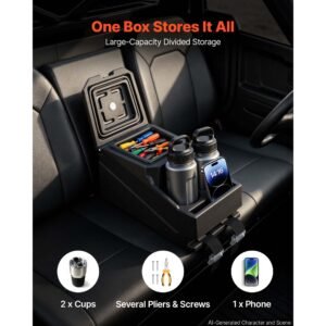 utv center console bench seat box lockable armrest storage box, hdpe central console tools organizer with cups and phone holder compatible with polaris ranger & 2017 2026 can am defender
