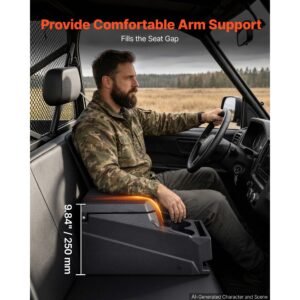 utv center console bench seat box lockable armrest storage box, hdpe central console tools organizer with cups and phone holder compatible with polaris ranger & 2017 2026 can am defender