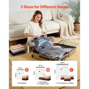vacuum storage bags, 18 pack space saver vacuum seal bags for clothing, with pump and charging cable, double zipper seal, thickened pa and pe, compression for clothes storage, travel luggage