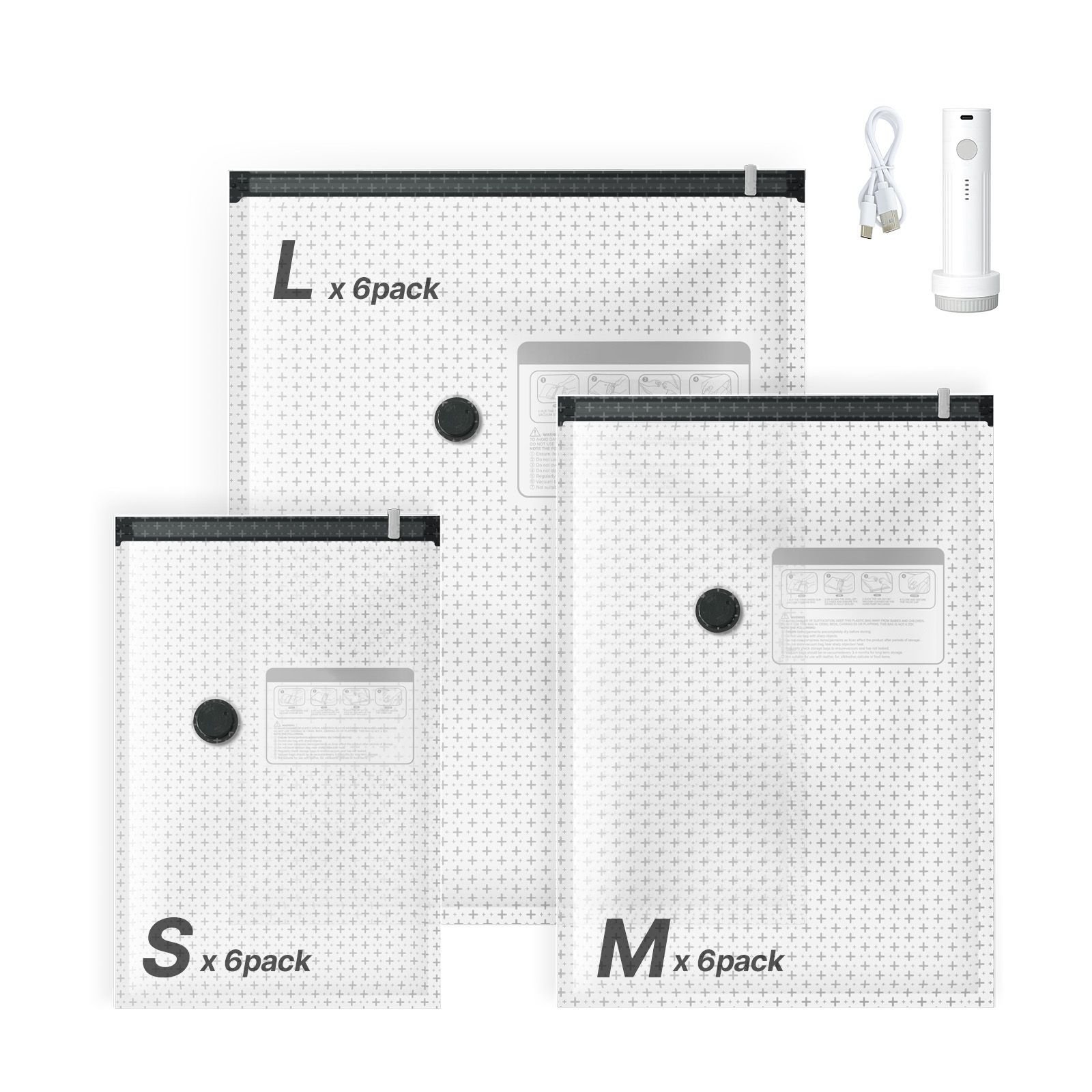 vacuum storage bags, 18 pack space saver vacuum seal bags for clothing, with pump and charging cable, double zipper seal, thickened pa and pe, compression for clothes storage, travel luggage