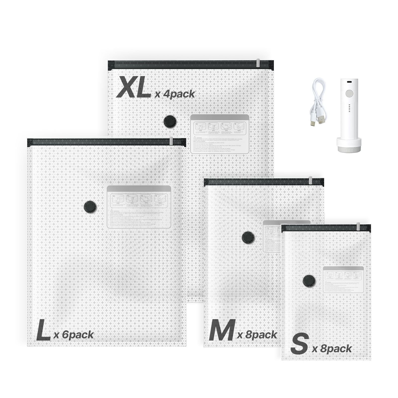 vacuum storage bags, 26 pack space saver vacuum seal bags for clothing, with pump and charging cable, double zipper seal, thickened pa and pe, compression for clothes storage, travel luggage