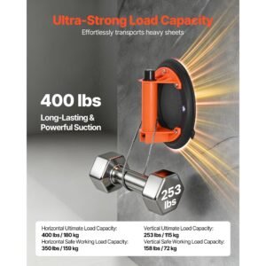 vacuum suction cup, 8 inch vacuum glass lifter with abs handle, 400 lbs max lifting capacity tile suction cup tool with carrying case for lifting large tile, granite, drywall, windows (1 pack)