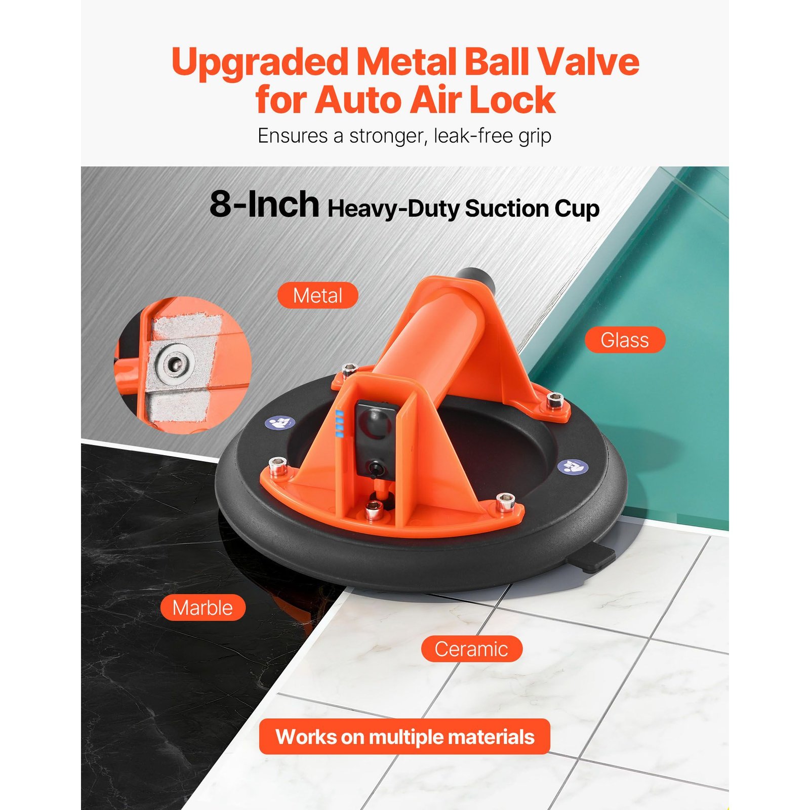 vacuum suction cup, 8 inch vacuum glass lifter with abs handle, 400 lbs max lifting capacity tile suction cup tool with carrying case for lifting large tile, granite, drywall, windows (1 pack)