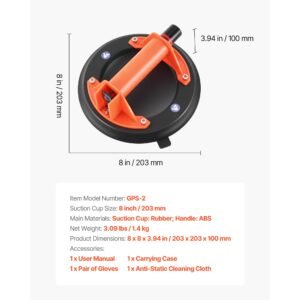 vacuum suction cup, 8 inch vacuum glass lifter with abs handle, 400 lbs max lifting capacity tile suction cup tool with carrying case for lifting large tile, granite, drywall, windows (2 pack)