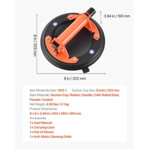 vacuum suction cup, 8 inch vacuum glass lifter with metal handle, 429 lbs max lifting capacity tile suction cup tool with carrying case for lifting large tile, granite, drywall, windows (2 pack)