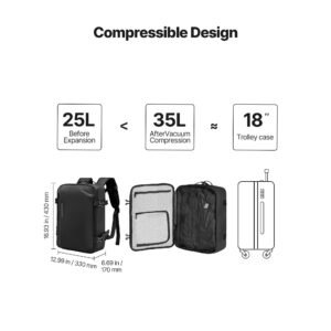 vacuum travel backpack, 35l, vacuum seal compression travel backpack with air pump, multiple pockets & compartments, water resistant carry on suitcase luggage, casual personal item bag, black