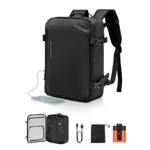 vacuum travel backpack, 35l, vacuum seal compression travel backpack with air pump, multiple pockets & compartments, water resistant carry on suitcase luggage, casual personal item bag, black