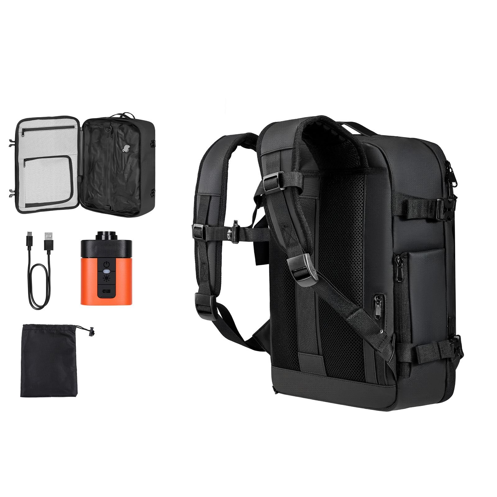 vacuum travel backpack, 35l, vacuum seal compression travel backpack with air pump, multiple pockets & compartments, water resistant carry on suitcase luggage, casual personal item bag, black