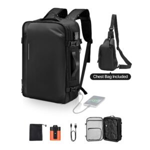 vacuum travel backpack, 65l, expandable vacuum seal compression travel backpack with pump, with tsa approved lock, airback vacpack, water resistant carry on suitcase luggage, for business, black