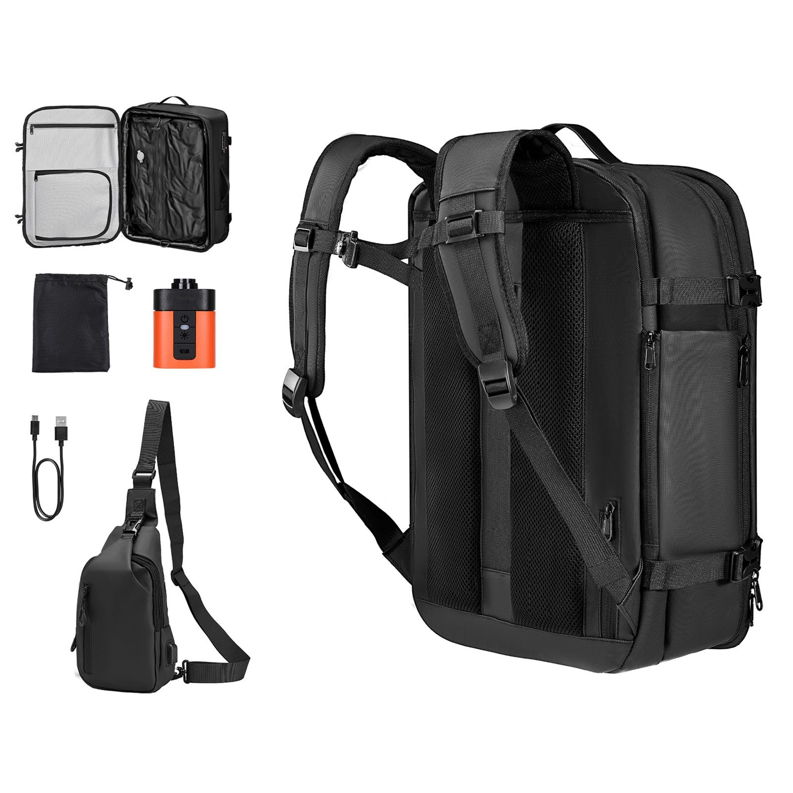 vacuum travel backpack, 65l, expandable vacuum seal compression travel backpack with pump, with tsa approved lock, airback vacpack, water resistant carry on suitcase luggage, for business, black