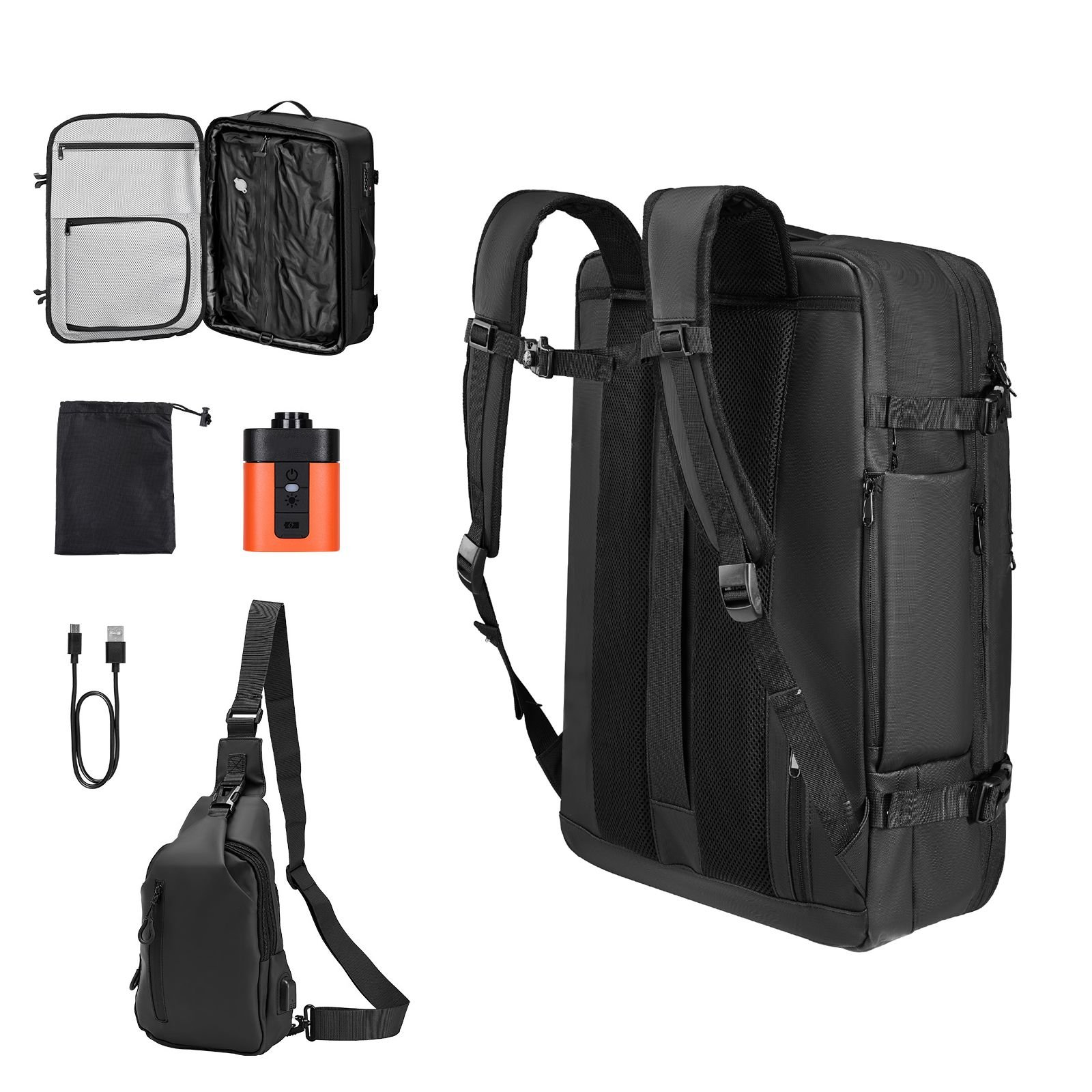 vacuum travel backpack, 80l, expandable vacuum seal compression travel backpack with pump, with tsa approved lock, airback vacpack, water resistant carry on suitcase luggage, for business, black