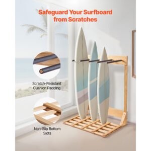 vertical surfboard stand, 4 tiers wooden surfboard rack for storage and display, freestanding board stand organizer, surf board holder for wakeboards, snowboards, kiteboards, shortboard, skis
