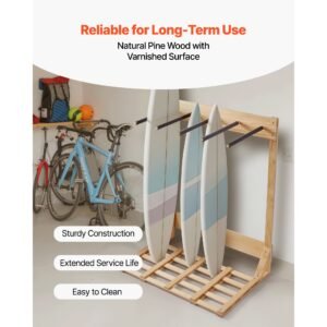 vertical surfboard stand, 4 tiers wooden surfboard rack for storage and display, freestanding board stand organizer, surf board holder for wakeboards, snowboards, kiteboards, shortboard, skis