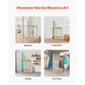 vertical surfboard stand, 4 tiers wooden surfboard rack for storage and display, freestanding board stand organizer, surf board holder for wakeboards, snowboards, kiteboards, shortboard, skis