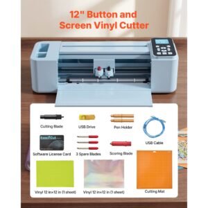 vinyl cutting machine, 12 in, button and screen controlled vinyl cutter, 5000+ built in design resources, compatible with mac, windows, android and ios, for creating customized crafts cards