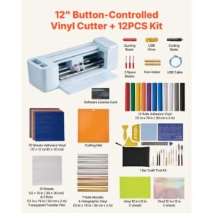 vinyl cutting machine, 12 in, button controlled vinyl cutter with materials and tool kit, 5000+ built in design resources, compatible with mac, windows, android and ios, for customized cards